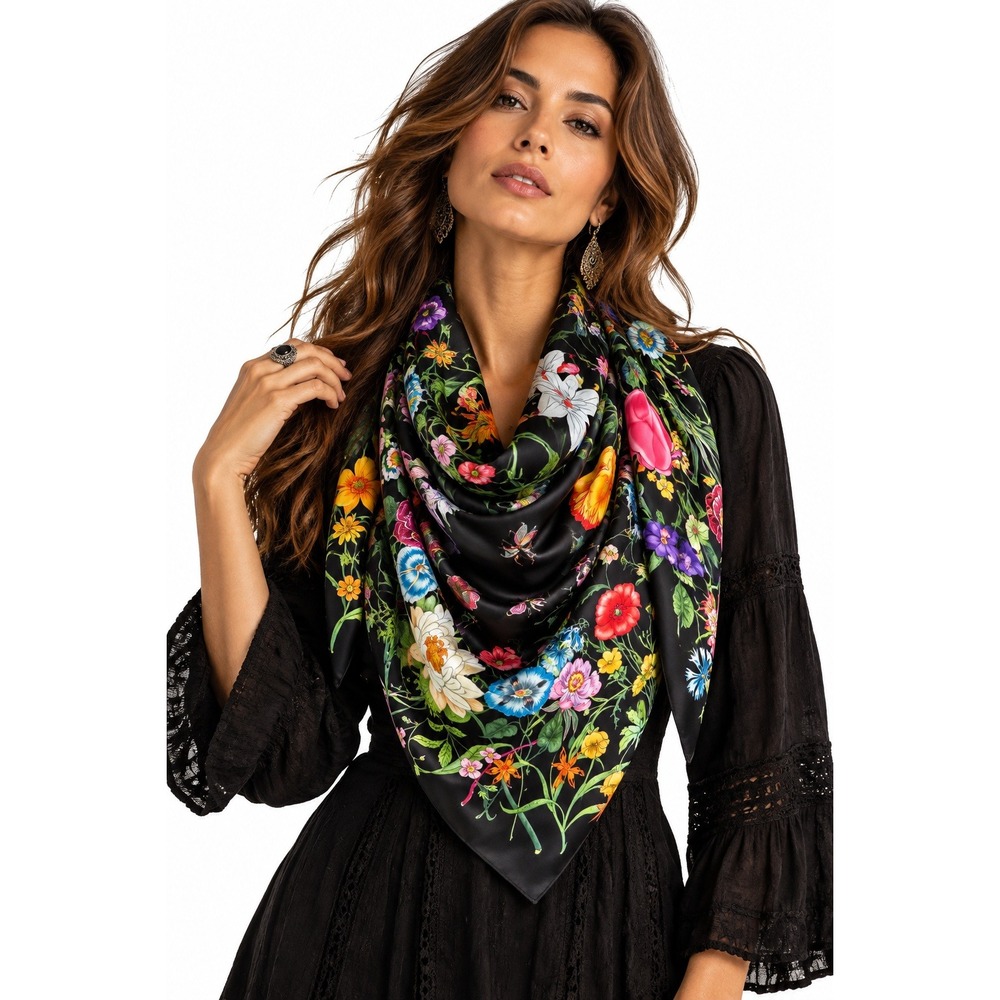 Gucci Flora Silk Scarf Black Multicolored Floral Vittorio Accornero Square
